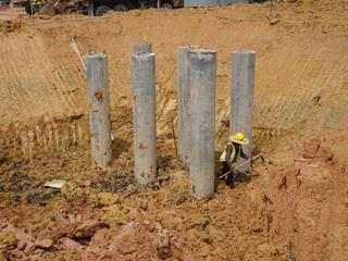 IPOH, MALAYSIA -MARCH 03, 2020:  Bore pile materials made from strong precast concrete designed by...