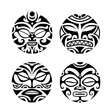 Set of round tattoo ornament with sun face maori style. Ethnic, african, aztec, Indian totem mask collection.	
