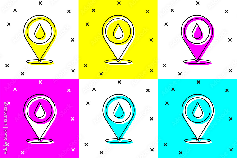 Poster set water drop with location icon isolated on color background. vector