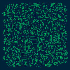 Doodle background with farm animals on a dark background. A pattern with cute livestock in a line with inscriptions. Words and animals of Pig, Horse, Duck, Chicken and Cow drawn by hand. Vector illust