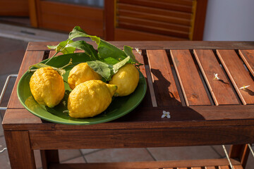 Lemons with leaves on a green plate on a wooden table on the terrace.