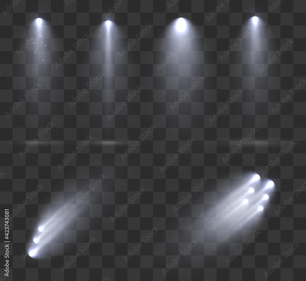 Poster Spotlights set isolated on transparent background. Vector glowing light effect with golden rays and lens flares.	