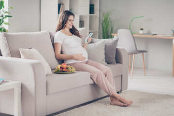 Full length profile side photo of young mother sit couch touch belly hold smartphone indoors inside house