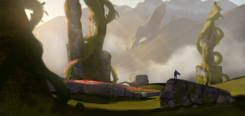 Digital painting of an adventurer hiking through an epic landscape finding flowers to make money for his village - fantasy illustration