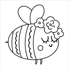 Vector black and white bumblebee with flowers on the head. Cute bohemian style woodland insect line icon isolated on white background. Sweet boho forest illustration for card or print design..