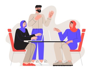 Teamwork in office on business meeting or seminar. Corporate team or group of people working on laptop or computer on table. Employees or coworkers discuss a new project, generate ideas, talk.