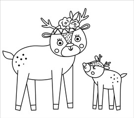 Vector black and white baby deer with parent. Funny bohemian style woodland animal scene showing family love. Cute boho illustration for card, print, stationery design. Forest line icon.
