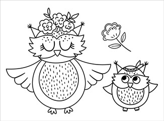 Vector black and white baby owl with parent. Funny bohemian style woodland bird scene showing family love. Cute boho illustration for card, print, stationery design. Forest line icon.