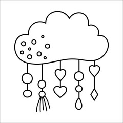 Vector boho black and white cloud with pendants. Bohemian line icon isolated on white background. Celestial ornate outline illustration..