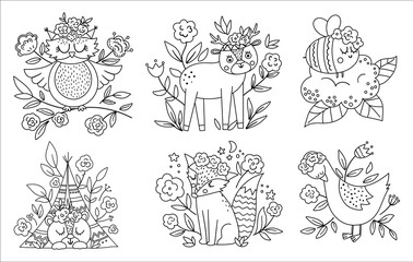 Vector black and white woodland animals, insects and birds collection. Boho outline forest compositions or coloring pages. Bohemian line fox, owl, bear, deer, goose with flowers on heads. .