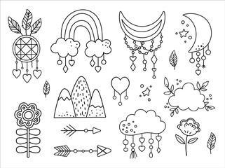 Vector black and white boho elements collection. Bohemian half moon, dream catcher, flowers, arrows, cloud, feathers isolated on white background. Celestial line icons pack..