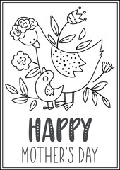 Vector black and white Mothers Day card with cute boho birds. Pre-made design or coloring page with woodland baby goseling and mother. Bohemian style line poster with goose family and flowers .