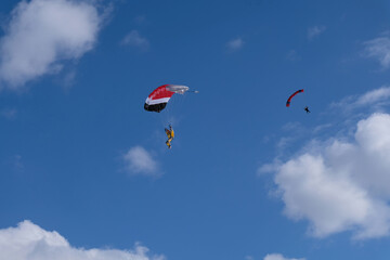 Skydiving. Two parachutes are flying in the sky.
