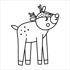 Vector black and white hand drawn baby deer. Cute little woodland animal line icon isolated on white background. Sweet forest illustration or coloring page..