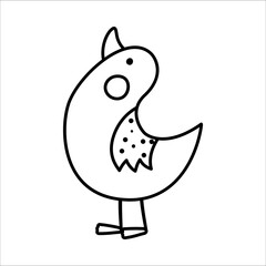 Vector black and white hand drawn baby goose. Cute little woodland bird line icon isolated on white background. Sweet forest illustration or coloring page..
