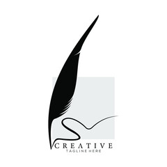 Elegant feather pen logo silhouette with square background vector design template