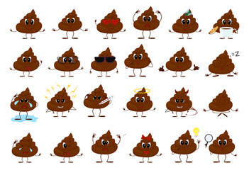 Cartoon poo character, set of emotions icon. Mascot pile of shit vector illustration isolated on white