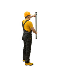 worker handyman repairman or builder with construction spirit level - 423745097