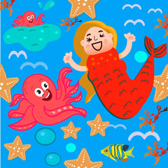 Fototapeta na wymiar Marine illustrations set. Cute cartoon mermaid, funny octopus, pattern