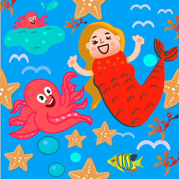 Marine illustrations set. Cute cartoon mermaid, funny octopus, pattern