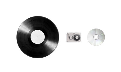Blank vinyl, cassette and cd disk mockup set, isolated