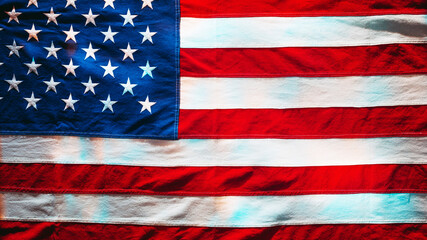 Good old cotton vintage American flag. US flag texture in multicolored light