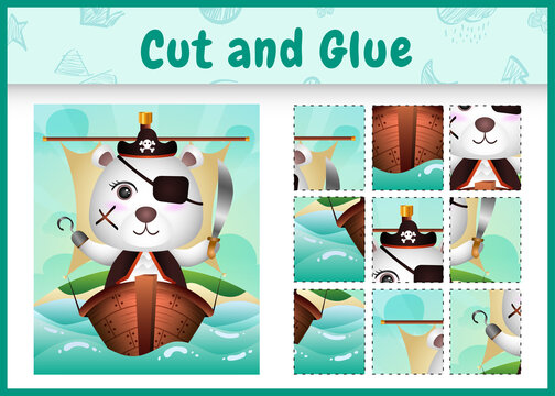Children board game cut and glue themed easter with a cute pirate polar bear character illustration on the ship