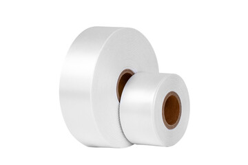 side view set of two coils of wide white satin ribbons for tags or decor, isolated without shadows on a white background.