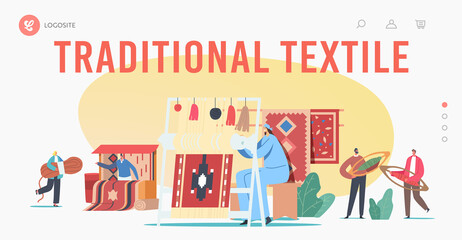 Traditional Textile Landing Page Template. Characters Weaving Carpet on Handloom and Selling on Asian Oriental Bazaar