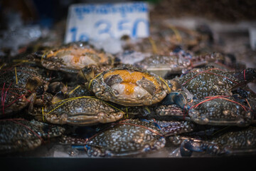 Blue crab and eggs for sale in Naklua Market, Pattaya, Thailand