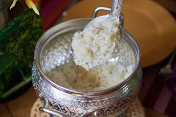 Sticky rice in silver bowl. Close your eyes and imagine you are in Asia. If you already are. Enjoy. 