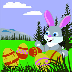 bunny in a clearing on the background of the forest and mountains with painted eggs