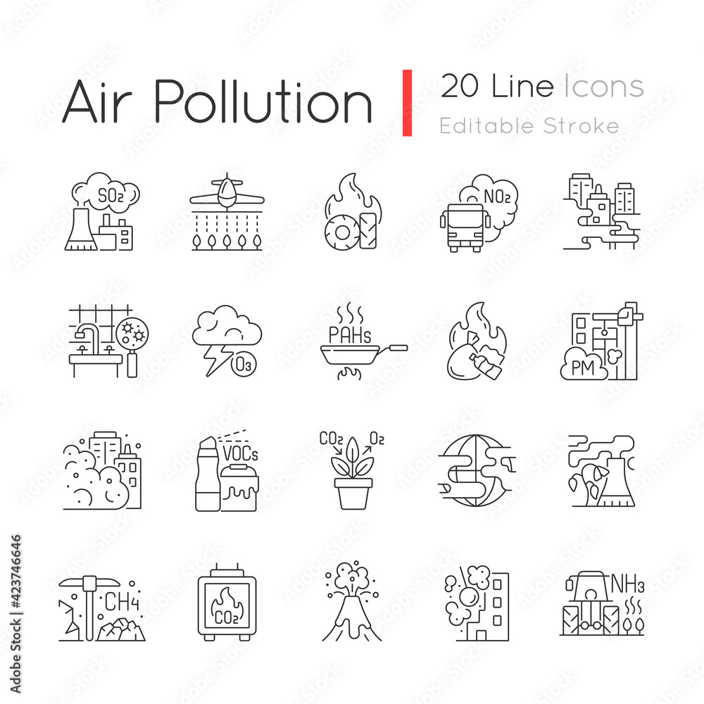 Poster air pollution linear icons set. fighting pollution disaster problems. people damaging own home. cust