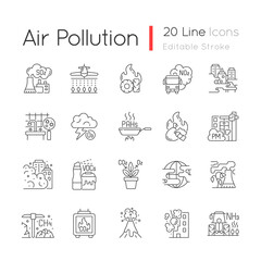 Air pollution linear icons set. Fighting pollution disaster problems. People damaging own home. Customizable thin line contour symbols. Isolated vector outline illustrations. Editable stroke