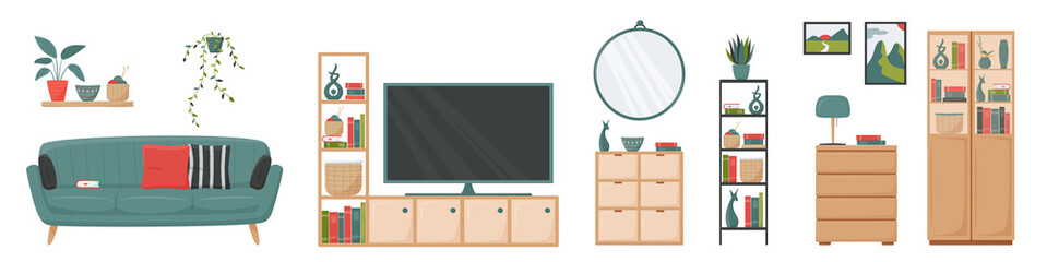 Set of isolated furniture and decorative elements for cute minimalistic interior in scandinavian style. Vector collection in a flat style for decor your living room or office