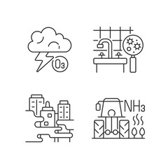 Air pollution linear icons set. Farming equipment and materials are polluting planet environment. Customizable thin line contour symbols. Isolated vector outline illustrations. Editable stroke