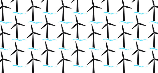 Wind turbine farm power generator in sea or oceannature landscape for production of renewable green energy. Flat vector windturbines sign. Wind turbines industry to environment. 