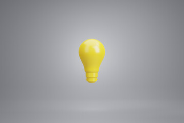 3D Rendering: Idea concept, A Yellow light bulb floats with grey background.