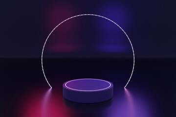 3D Rendering background: A circle violet colour podium which is combining from red and blue light in the darkroom.