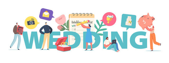 Couple Planning Wedding Concept, Tiny Male Female Characters at Huge Planner Filling Checklist before Marriage Ceremony