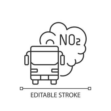 Trucks and buses linear icon. Main source of nitrogen dioxide resulting from combustion of fuels. Thin line customizable illustration. Contour symbol. Vector isolated outline drawing. Editable stroke