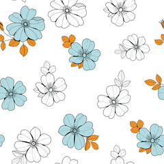 Seamless floral pattern. Botanical flowers. Black and white flower and colored. Vector illustration.