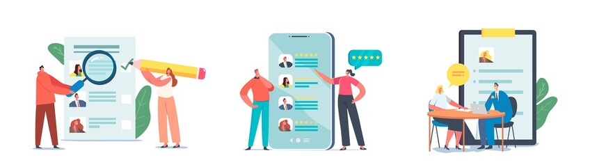 Set Recruiting Job, Interview and Human Resources. People Searching New Job Sending CV and Publishing Ads Online