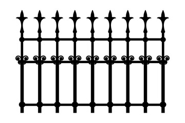 Decorative iron wrought fence silhouette with artistic forging isolated on white background. Metal guardrail. Steel modular railing. Vintage gate with swirls. Forged lattice fence. Vector illustratio