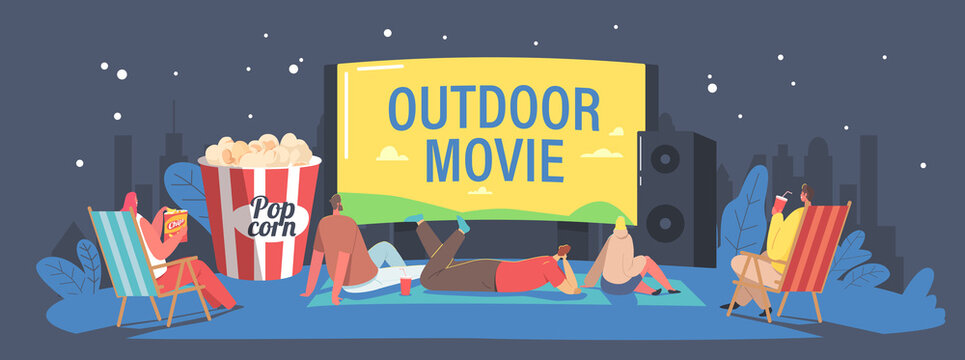 Characters Spend Night with Friends at Outdoor Movie Theater. People Watching Film on Big Screen with Sound System.