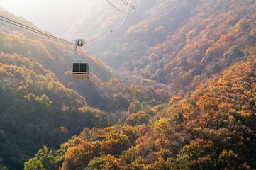 Famous cable car and autumn foliage scenery in Miryang, South Korea.