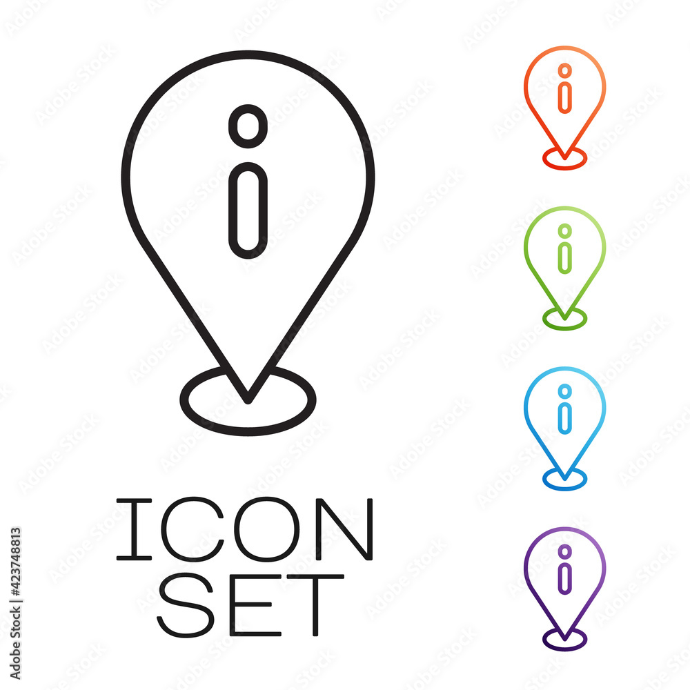 Poster black line location with information icon isolated on white background. set icons colorful. vector