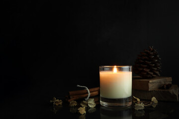 the burning luxury aromatic scented candle glass on the black table with spices on background of...