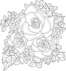 Realistic mix flowers bouquet with roses, eucaliptus leafs and berries sketch template. Vector illustration in black and white for games, background, pattern, decor. Coloring paper, page, story book. 