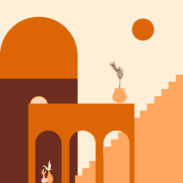 Old City Minimalist Boho Illustration. Boho Summer Terracotta Old City With Stairs Pattern For Design Tourism Agency Flyer, Summer Birthday Greeting Card, Resort Party Advertising Etc.